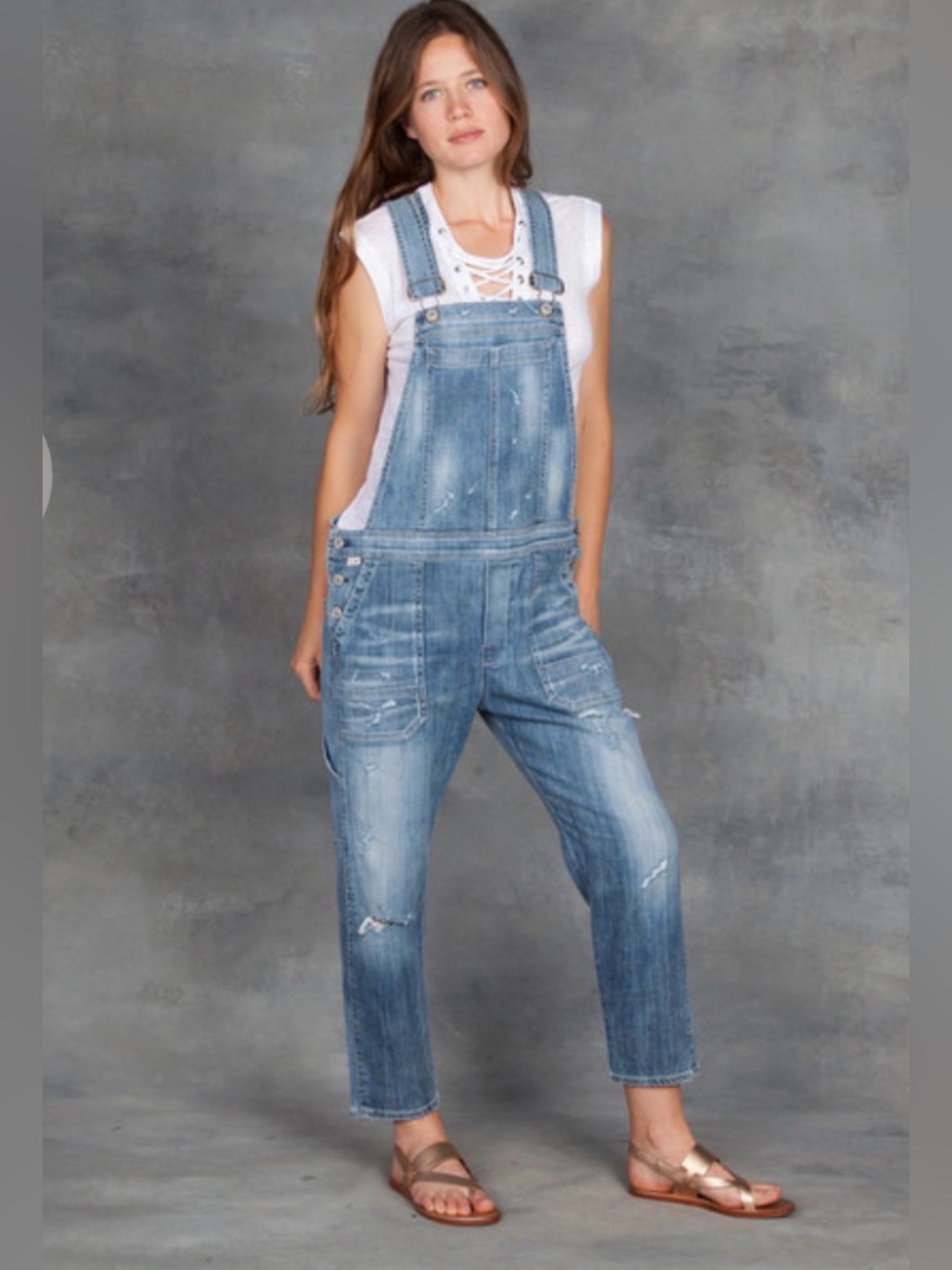 Citizens of Humanity Audrey Distressed Denim Overalls Blue Size L $398